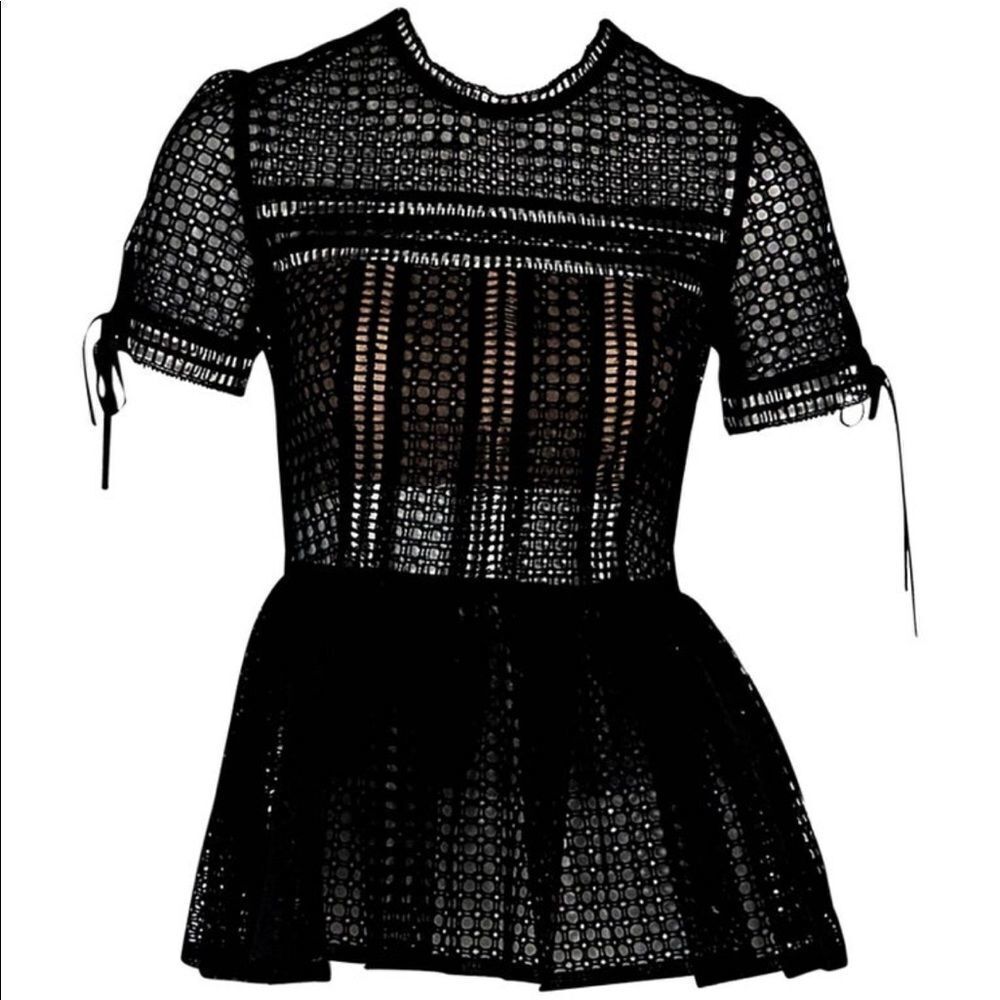 Black Self Portrait Eyelet Peplum Top - Picture 2 of 12
